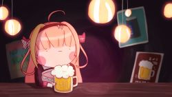 Rule 34 | 1girl, ahoge, alcohol, beer, beer mug, blunt bangs, blush stickers, bow, chibi, counter, cup, diagonal-striped bow, highres, hololive, horns, indoors, kiryu coco, kiryu coco (1st costume), long sleeves, maciel panqueques, mug, orange hair, poster (object), smile, solo, virtual youtuber