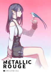 Rule 34 | 1girl, absurdres, animal request, bird, bird on hand, black choker, black hair, black shorts, blunt bangs, cemony, choker, ear ornament, gradient background, highres, light particles, long hair, looking at animal, metallic rouge, multicolored hair, off-shoulder shirt, off shoulder, pendant choker, pink background, pink eyes, pink hair, rouge redstar, shirt, shorts, sitting, streaked hair