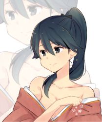 Rule 34 | 10s, 1girl, bare shoulders, black hair, breasts, cleavage, houshou (kancolle), japanese clothes, kantai collection, long hair, ponytail, smile, solo, undressing, yukichi (eikichi), zoom layer