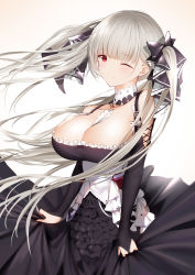 Rule 34 | 1girl, absurdres, an yasuri, azur lane, bare shoulders, between breasts, black dress, blush, breasts, bridal gauntlets, cleavage, dress, earrings, floating hair, formidable (azur lane), frilled dress, frills, grey hair, hair ornament, hair ribbon, highres, jewelry, large breasts, long hair, long sleeves, looking at viewer, one eye closed, red eyes, ribbon, skirt hold, solo, twintails, wind