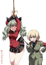 2girls, absurdres, anchovy (girls und panzer), anchovy (girls und panzer) (cosplay), anzio military uniform, arms up, bangs, belt, black neckwear, black ribbon, black skirt, blonde hair, blue eyes, blush, boots, braid, brown eyes, commentary request, cosplay, darjeeling (girls und panzer), darjeeling (girls und panzer) (cosplay), drill hair, embarrassed, eyebrows visible through hair, frown, girls und panzer, green hair, grey pants, hair ribbon, hand on hip, highres, holding, inoue yoshihisa, insignia, jacket, knee boots, lifted by another, long hair, long sleeves, looking at another, looking at viewer, military, military uniform, miniskirt, multiple girls, necktie, open mouth, pants, pleated skirt, red eyes, red jacket, restrained, ribbon, riding crop, sam browne belt, short hair, simple background, skirt, skirt lift, smile, st. gloriana&#039;s military uniform, standing, textless, tied hair, twin braids, twin drills, twintails, twitter username, uniform, white background