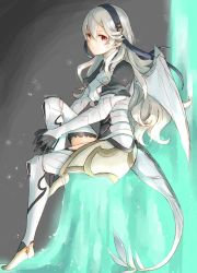 Rule 34 | 1girl, armor, barefoot, black gloves, black hairband, closed mouth, corrin (female) (fire emblem), corrin (fire emblem), dragon tail, dragon wings, fire emblem, fire emblem fates, from side, gloves, hairband, long hair, looking to the side, nintendo, pointy ears, red eyes, robaco, sitting, solo, tail, twitter username, white hair, wings