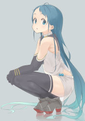 Rule 34 | 10s, 1girl, black thighhighs, blue eyes, blue hair, elbow gloves, gloves, gradient hair, grey background, harada itsumi, kantai collection, long hair, looking at viewer, matching hair/eyes, multicolored hair, open mouth, samidare (kancolle), shirt, simple background, sleeveless, sleeveless shirt, solo, squatting, swept bangs, thighhighs, very long hair, zettai ryouiki