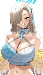 Rule 34 | 1girl, asuna (blue archive), bad id, bad twitter id, bare shoulders, blue archive, blue eyes, breasts, cheerleader, choker, cleavage, cosplay, crop top, gachou, grin, hair over one eye, halo, holding, holding pom poms, large breasts, light brown hair, long hair, midriff, millennium cheerleader outfit (blue archive), mole, mole on breast, one eye closed, pom pom (cheerleading), pom poms, smile, solo, very long hair