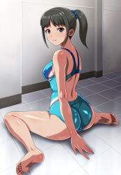 Rule 34 | 1girl, anime coloring, back, back focus, barefoot, black hair, blue one-piece swimsuit, competition swimsuit, monteriakitto, one-piece swimsuit, original, ponytail, sitting, swimsuit, wariza