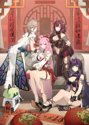 Rule 34 | 4girls, absurdres, ahoge, alternate costume, android, aponia (honkai impact), black footwear, blue eyes, breasts, brown hair, chair, china dress, chinese clothes, chinese new year, cleavage, cleavage cutout, closed mouth, clothing cutout, curtains, dress, eden (honkai impact), elf, elysia (honkai impact), full body, gloves, hair between eyes, high heels, highres, honkai (series), honkai impact 3rd, horns, indoors, large breasts, long hair, looking at viewer, multiple girls, pointy ears, purple dress, purple eyes, purple gloves, purple hair, purple thighhighs, raiden mei, raiden mei (herrscher of thunder), shoe soles, sitting, smile, thighhighs, white dress, white thighhighs, yukari (user tsrs4747)