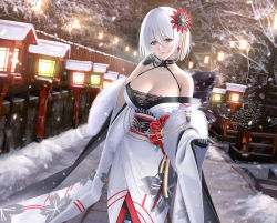 Rule 34 | 1girl, absurdres, azur lane, back bow, bare shoulders, black bow, black bra, black choker, black gloves, blue eyes, blush, bow, bra, breasts, choker, cleavage, collarbone, feet out of frame, furisode, gloves, hair between eyes, hair ornament, hand on own face, highres, huge filesize, japanese clothes, kimono, kimono pull, lantern, large breasts, long sleeves, looking at viewer, night, obi, off shoulder, outdoors, parted lips, sash, short hair, silver hair, smile, snow, snowing, solo, standing, striped, striped bow, tirpitz (azur lane), tirpitz (seasonal pine and the frost flower) (azur lane), underwear, white kimono, wide sleeves, winter, you (yoyou)