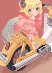 Rule 34 | 1girl, absurdres, animal ears, black eyes, blonde hair, closed mouth, grey skirt, highres, hololive, horns, leaning forward, long sleeves, looking at viewer, mochiyuki (gigfor1), motor vehicle, nail polish, pink background, pink nails, pink sweater, red scarf, scarf, scooter, sheep ears, sheep horns, short hair, skirt, sleeves past wrists, smile, solo, sweater, thighhighs, tsunomaki watame, virtual youtuber