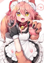 Rule 34 | 1girl, alternate costume, animal ear fluff, animal ears, animal hands, apron, bell, breasts, cat paws, cleavage, collar, collarbone, enmaided, fangs, fate/grand order, fate (series), fox ears, fox girl, fox tail, gloves, gunjou row, hair ribbon, heart, highres, jingle bell, large breasts, long hair, maid, maid apron, maid headdress, neck bell, open mouth, paw gloves, pink hair, ponytail, red ribbon, ribbon, solo, speech bubble, tail, tamamo (fate), tamamo cat (fate), tamamo cat (second ascension) (fate), yellow eyes