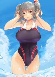 Rule 34 | 1girl, absurdres, black one-piece swimsuit, blue eyes, blue sky, breasts, cloud, competition swimsuit, cowboy shot, day, gluteal fold, highres, kantai collection, kashima (kancolle), large breasts, long hair, looking at viewer, one-piece swimsuit, sidelocks, silver hair, sky, soaking feet, solo, swimsuit, thigh gap, twintails, wading, wasavi 8, water, wavy hair
