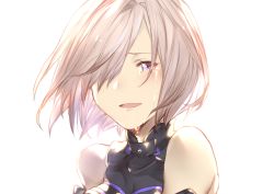 Rule 34 | 1girl, :d, bare shoulders, blush, crying, fate/grand order, fate (series), hair over one eye, looking at viewer, mash kyrielight, mirei kh13, open mouth, purple eyes, short hair, silver hair, simple background, smile, solo, streaming tears, tears, upper body, white background