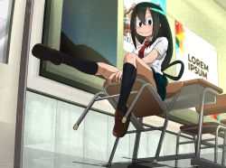 Rule 34 | 1girl, asui tsuyu, boku no hero academia, closed mouth, collared shirt, desk, from below, green hair, indoors, kneehighs, long hair, looking at viewer, necktie, night, on chair, poster (object), red necktie, school desk, school uniform, shirt, shoes, short sleeves, sitting, skirt, socks, solo, ushio shinshia, white shirt