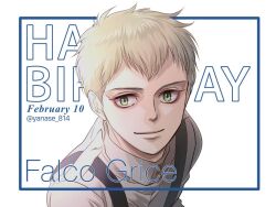 Rule 34 | 1boy, blonde hair, character name, commentary request, falco grice, green eyes, happy birthday, male focus, portrait, shingeki no kyojin, smile, solo, suspenders, twitter username, yanase 814
