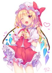 Rule 34 | 1girl, ;d, blonde hair, brown eyes, chisiro unya (unya draw), collared shirt, cowboy shot, fang, flandre scarlet, frilled skirt, frills, heart, heart hands, looking at viewer, miniskirt, one eye closed, open mouth, red skirt, shirt, short hair with long locks, short sleeves, sidelocks, simple background, skirt, smile, solo, standing, touhou, white background, white shirt, wing collar, wings, wrist cuffs, yellow neckwear