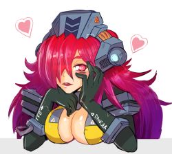 Rule 34 | 1girl, animification, armor, blush, bodysuit, breasts, cleavage, gloves, gradient hair, heart, helmet, hmage, ion (titanfall 2), large breasts, long hair, looking at viewer, mecha musume, multicolored hair, personification, purple hair, red eyes, red hair, titanfall, titanfall (series), titanfall 2, transparent background, yandere trance