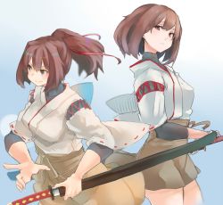 Rule 34 | 2girls, bad id, bad twitter id, breasts, brown eyes, brown hair, brown hakama, brown skirt, cowboy shot, hair ribbon, hakama, hakama short skirt, hakama skirt, highres, holding, holding weapon, hyuuga (kancolle), ise (kancolle), japanese clothes, kantai collection, katana, large breasts, looking at viewer, looking to the side, multiple girls, nontraditional miko, ponytail, red ribbon, ribbon, sash, sheath, short hair, skin tight, skirt, sunday aki, sword, undershirt, unsheathing, weapon