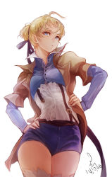 Rule 34 | 1girl, ahoge, bad id, bad pixiv id, blue eyes, contrapposto, corset, cowboy shot, dated, hair ribbon, hands on own hips, hyun, jacket, looking at viewer, original, ribbon, short hair, solo, standing, suspenders, thighhighs, white background