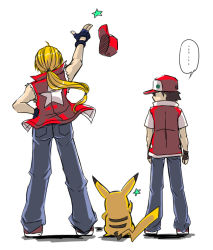 Rule 34 | 2boys, baseball cap, creatures (company), denim, fatal fury, from behind, game freak, gen 1 pokemon, hat, jeans, male focus, multiple boys, nintendo, niyasu, pants, pikachu, pokemon, pokemon (creature), red (pokemon), super smash bros., terry bogard, the king of fighters, throwing hat, torn clothes, torn sleeves, vest