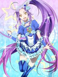 Rule 34 | 10s, 1girl, :d, argyle, argyle background, argyle clothes, asahi-129, bad id, bad pixiv id, blue skirt, blue thighhighs, boots, brooch, choker, cure beat, dress, frills, hair ornament, hairpin, happy, heart, jewelry, kirin (asahi-129), kurokawa eren, long hair, magical girl, open mouth, precure, puffy sleeves, purple hair, seiren (suite precure), side ponytail, skirt, smile, solo, sparkle, star (symbol), suite precure, thigh boots, thighhighs, wrist cuffs, yellow eyes