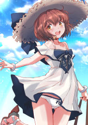 Rule 34 | 1girl, blue sky, brown eyes, brown hair, cloud, commentary request, cowboy shot, dress, fuji (pixiv24804665), hat, highres, kantai collection, looking at viewer, official alternate costume, panties, short hair, sky, solo, speaking tube headset, straw hat, sun hat, sundress, toeless footwear, underwear, white dress, white panties, yukikaze (kancolle), yukikaze kai ni (kancolle)