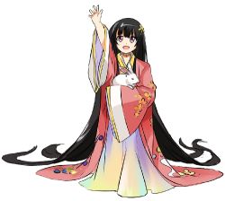 Rule 34 | 1girl, :d, absurdly long hair, aged down, animal, arm up, black hair, eyebrows, floral print, flower, full body, hair flower, hair ornament, holding, holding animal, houraisan kaguya, japanese clothes, karaori, kimono, layered clothes, layered kimono, long hair, long sleeves, lowres, neko (yanshoujie), open mouth, print kimono, purple eyes, rabbit, simple background, smile, solo, standing, the sealed esoteric history, touhou, very long hair, white background, wide sleeves