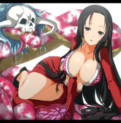 Rule 34 | 1girl, amazon lily, amazon warrior, bad id, bad pixiv id, black eyes, black hair, boa hancock, breasts, cleavage, colored sclera, earrings, female focus, forked tongue, horns, jewelry, large breasts, letterboxed, long hair, midriff, one piece, salome (one piece), side slit, snake, solo, tongue, very long hair, viola (seed), yellow sclera