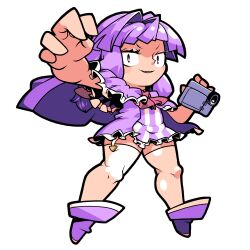 Rule 34 | 1girl, ascot, black outline, blunt bangs, camera, commentary, cookie (touhou), dress, frilled dress, frills, full body, garter straps, grin, hair intakes, highres, holding, holding camera, long hair, looking at viewer, medium bangs, outline, patchouli knowledge, pink ascot, purple dress, purple eyes, purple footwear, purple hair, reaching, reaching towards viewer, sharp teeth, shoes, short dress, simple background, smile, solo, standing, striped clothes, striped dress, taisa (cookie), teeth, thighhighs, tonchamon san, touhou, vertical-striped clothes, vertical-striped dress, very long hair, video camera, white background, white thighhighs