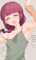 Rule 34 | 1boy, 1girl, a1 (initial-g), armpit stubble, armpits, black bow, blunt bangs, blush, bocchi the rock!, bow, braid, closed eyes, covered erect nipples, dress, drunk, earrings, fang, green dress, hair bow, hair over shoulder, hard-translated, highres, hiroi kikuri, holding another&#039;s wrist, jewelry, long hair, low-braided long hair, low-tied long hair, open mouth, pov, pov hands, purple hair, single braid, smile, strap slip, sweat, third-party edit, translated