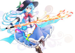 Rule 34 | 1girl, black hat, blue hair, blue skirt, boots, bow, bowtie, brown footwear, cowboy shot, cross-laced footwear, fire, flaming sword, flaming weapon, food, frilled skirt, frills, fruit, furapechi, hair between eyes, hat, hat leaf, hinanawi tenshi, holding, holding weapon, long hair, peach, puffy short sleeves, puffy sleeves, rainbow order, red bow, red bowtie, red eyes, shirt, short sleeves, single wrist cuff, skirt, smile, solo, standing, standing on one leg, sword of hisou, touhou, weapon, white background, white shirt, wrist cuffs