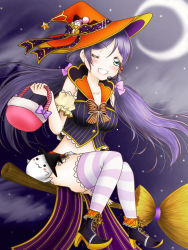 Rule 34 | 1girl, 2019, architecture, artist request, basket, blush, bow, breasts, broom, broom riding, broom stick, elbow gloves, female focus, full body, ghost, gloves, green eyes, hair ornament, halloween, halloween costume, hat, high heels, holding, holding basket, long hair, love live!, love live! school idol festival, love live! school idol project, microphone, mini hat, mini witch hat, moon, one eye closed, orange hat, pink bow, purple hair, purple sky, sky, solo, star (sky), star (symbol), star hair ornament, starry sky, striped clothes, striped thighhighs, thighhighs, tojo nozomi, twintails, witch hat