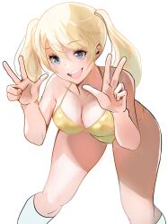 Rule 34 | 1girl, bad id, bad twitter id, bikini, blonde hair, blue eyes, breasts, cleavage, double v, gold bikini, highres, large breasts, leaning forward, legs, meke (77842928), open mouth, original, smile, solo, swimsuit, thighs, twintails, v