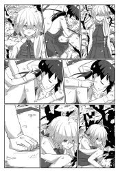 Rule 34 | 2girls, 4koma, ahoge, asymmetrical hair, bow, bowtie, braid, cheek poking, cherry blossoms, closed eyes, collared shirt, comic, commentary, dress, fujinami (kancolle), greyscale, hair between eyes, hair bow, hair over shoulder, hair ribbon, halterneck, hamanami (kancolle), highres, kantai collection, kitagawa (ktgw 116), long hair, long sleeves, lying, monochrome, multiple girls, on side, parted lips, petals, pleated skirt, poking, ribbon, school uniform, shirt, side ponytail, single braid, skirt, sleeping, sleeveless, sleeveless dress, tree