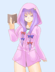 Rule 34 | 1girl, blue bow, book, bottomless, bow, buttons, crescent, crescent hair ornament, female focus, hair bow, hair ornament, hair ribbon, hane (hanegoya), hood, hooded jacket, jacket, long hair, looking at viewer, moon, multiple hair bows, no pants, panties, patchouli knowledge, pink jacket, pocket, purple eyes, purple hair, purple panties, red bow, ribbon, shirt, sleeves past wrists, smile, solo, striped clothes, striped shirt, touhou, tress ribbon, underwear