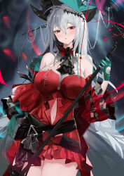 Rule 34 | 1girl, absurdres, arknights, ascot, bare shoulders, belt, black ascot, bow, breasts, clothing cutout, cowboy shot, detached sleeves, dress, gloves, green gloves, green headwear, grey hair, highres, holding, holding staff, large breasts, long hair, long sleeves, looking at viewer, navel, navel cutout, open mouth, red bow, red dress, red eyes, short dress, skadi (arknights), skadi the corrupting heart (arknights), staff, very long hair, zhanggong