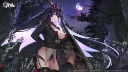 1girl azur_lane black_hair bow_(music) breasts cello cleavage copyright_name flower full_moon garter_straps gloves hair_ornament highres holding holding_bow_(music) instrument large_breasts logo long_hair long_sleeves looking_at_viewer moon night night_sky official_art outdoors purple_eyes rose second-party_source sky smile star_(sky) starry_sky strasbourg_(azur_lane) thighhighs thorns tree zenmaibook