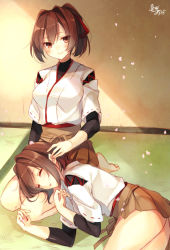 Rule 34 | 10s, 2girls, brown eyes, brown hair, closed eyes, hair ornament, hair ribbon, hyuuga (kancolle), ise (kancolle), kantai collection, lap pillow, lying on lap, lying on person, multiple girls, one-hour drawing challenge, parted lips, pleated skirt, ponytail, ribbon, short hair, signature, sitting, sketch, skirt, sleeping, sleeping on person, smile, toosaka asagi