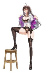 Rule 34 | 1girl, absurdres, ahoge, black bra, black footwear, black panties, black thighhighs, bra, breasts, brown hair, cleavage, cross, cross necklace, full body, garter belt, garter straps, hair between eyes, high heels, highres, jacket, jewelry, kahill, lace trim, large breasts, leg up, long hair, long sleeves, looking at viewer, necklace, open clothes, open jacket, original, panties, partially unbuttoned, pink jacket, red eyes, shirt, simple background, solo, standing, stool, thighhighs, underwear, white background, white shirt