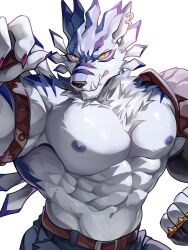 Rule 34 | 1boy, abs, ao (chung0u0), armpits, bara, belt, blue fur, denim, digimon, digimon (creature), digimon adventure, earrings, fangs, feet out of frame, furry, furry male, gloves, highres, huge pectorals, jeans, jewelry, leather, leather belt, male focus, manly, mature male, multicolored fur, muscular, muscular male, nipples, pants, pectorals, scar, simple background, solo, spiked gloves, teeth, tusks, upper body, weregarurumon, white background, white fur, yellow eyes