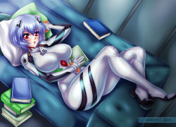 Rule 34 | 1girl, ayanami rei, blue eyes, bodysuit, book, breasts, couch, indoors, large breasts, looking at viewer, lying, neon genesis evangelion, on back, parted lips, pillow, red eyes, sevie, short hair, solo