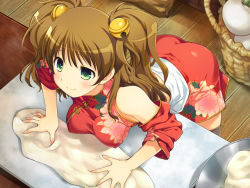 Rule 34 | 1girl, alice soft, baking, bare shoulders, basket, bell, bent over, black thighhighs, blush, breasts, brown hair, china dress, chinese clothes, covered erect nipples, detached sleeves, dough, drapeko! onedari dragon to oppai yuusha, dress, flower, from above, game cg, green eyes, hair bell, hair ornament, jingle bell, kneading, large breasts, sack, sauce (drapeko!), solo, standing, table, thighhighs, two side up, yaegashi nan