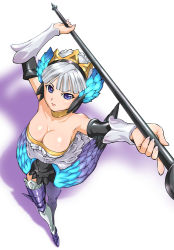Rule 34 | 1girl, armor, armored dress, armpits, blue eyes, breasts, choker, cleavage, detached sleeves, downblouse, dress, from above, gwendolyn (odin sphere), large breasts, multicolored wings, odin sphere, silver hair, solo, strapless, strapless dress, thighhighs, ueyama michirou, weapon, wings