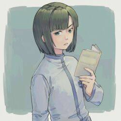 Rule 34 | 1boy, bob cut, book, border, closed mouth, frown, green eyes, grey background, hikaru no go, holding, holding book, long sleeves, male focus, open book, s (happycolor 329), school uniform, short hair, solo, touya akira, upper body, white border