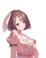 Rule 34 | 1girl, absurdres, animal ears, arm at side, blush, bob cut, brown hair, carrot necklace, center frills, commentary, floppy ears, frills, hand on own chest, hand up, head tilt, highres, inaba tewi, jewelry, lips, looking afar, necklace, parted bangs, parted lips, pink shirt, plaid, plaid shirt, puffy short sleeves, puffy sleeves, rabbit ears, rabbit girl, red eyes, shaoviie, shirt, short hair, short sleeves, simple background, solo, swept bangs, touhou, tsurime, upper body, white background