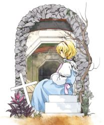 Rule 34 | 1girl, alice margatroid, arch, blonde hair, blue dress, blue eyes, building, capelet, commentary, cross, dress, from side, full body, grass, hairband, highres, kaigen 1025, long sleeves, outdoors, plant, puffy sleeves, purple neckwear, red hairband, shirt, short hair, sitting, solo, touhou, tree, white shirt
