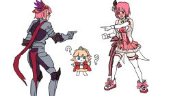 Rule 34 | 3girls, armor, bad id, clone, dcinside (website), full body, guardian tales, highres, idol, idol captain eva, knight captain eva, marvel, meme, multiple girls, official alternate costume, pink hair, second-party source, short hair, simple background, spider-man (series), standing, thighhighs, white background, white thighhighs