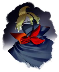 Rule 34 | 1boy, black background, black cape, blonde hair, blue eyes, cape, close-up, collared cape, covered mouth, hair over one eye, headset, looking down, looking to the side, male focus, neckerchief, one piece, raine (acke2445), red neckerchief, sanji (one piece), short hair, solo, sunglasses