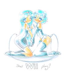 Rule 34 | 2girls, alice de ste croix, blue eyes, blue hair, blush, game console, multiple girls, nintendo, personification, pointy ears, pun, thighhighs, wii, wii-tan