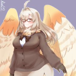 Rule 34 | 1girl, ahoge, animal hands, artist name, blush, bow, breasts, brown hair, commentary request, feathered wings, feathers, glasses, hair intakes, hair over one eye, harpy, highres, large breasts, linea alba, long hair, monster girl, neck fur, neck ruff, one eye covered, purple background, red-framed eyewear, rich (rich940528), simple background, solo, tokyo houkago summoners, white feathers, wide hips, wings, ziz (housamo)