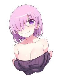 Rule 34 | 1girl, 3:, arms under breasts, blush, breast hold, breasts, chan co, cleavage, closed mouth, crossed arms, fate/grand order, fate (series), glasses, hair over one eye, large breasts, mash kyrielight, off-shoulder sweater, off shoulder, pink hair, purple eyes, ribbed sweater, short hair, simple background, sleeves past wrists, solo, sweatdrop, sweater, white background