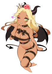 Rule 34 | 1girl, barefoot, black ribbon, blonde hair, blowing kiss, blush, blush stickers, breasts, bright pupils, cleavage, commentary, commission, crown, dark skin, dark-skinned female, demon girl, demon horns, demon tail, demon wings, english commentary, full body, gradient hair, green eyes, halphelt, hand up, heart, highres, horns, large breasts, long hair, looking at viewer, mini crown, multicolored hair, naked ribbon, navel, one eye closed, one side up, original, parted lips, ribbon, simple background, slime (creature), smile, solo, tail, thigh gap, white background, white pupils, wings